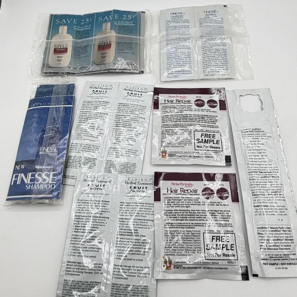 Vintage 1981-2001 Shampoo Sample Travel Packs Lot Clairol Style Finesse Swiss